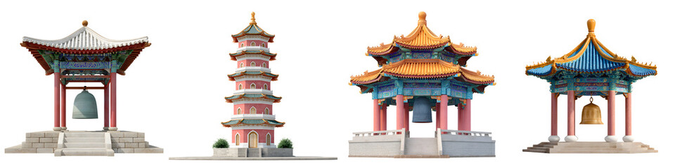 Fototapeta premium Asian Architecture Structures Set, Pagodas and Temples on White, Vector Illustration