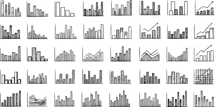 Collection of hand-drawn doodle bar charts and line graphs, showing business data, statistics, and financial trends in a sketch style.