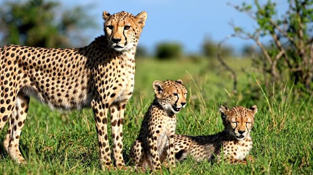 Family of cheetahs standing in green grass outdoors