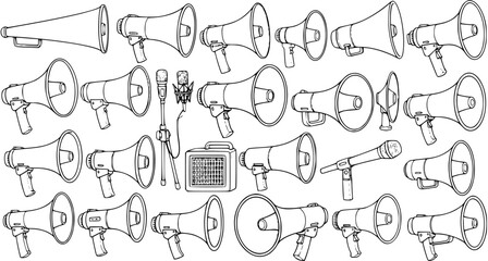 Obraz premium Hand-drawn line art collection of megaphones, bullhorns, and microphones. Communication, sound, and protest equipment on white background.