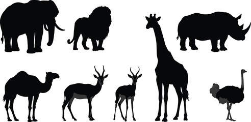 African wild animal silhouettes, elephant lion giraffe rhino camel antelope ostrich vector collection, safari wildlife illustration, jungle nature icons, exotic creature graphics © Minara Art
