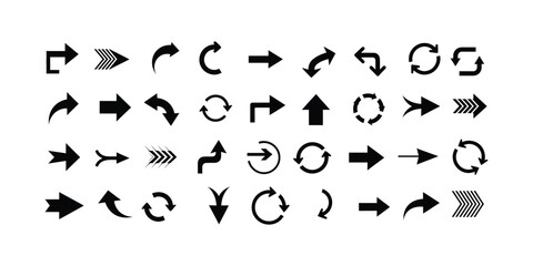 A collection of 36 black arrow icons on a white background