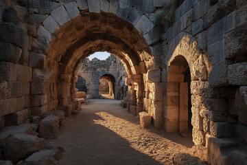 Historic stone arch ruins illuminated by early morning sunlight, showcasing ancient masonry and textured walls in serene archaeological site with warm natural light