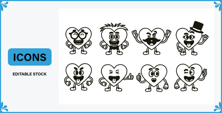 Collection of various cartoon hearts with different expressions and posesicons
