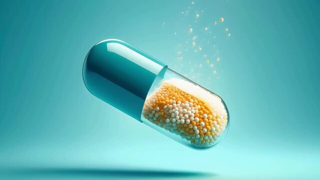 Close up of a transparent capsule filled with granular medication against a soft blue background conveying health and wellness