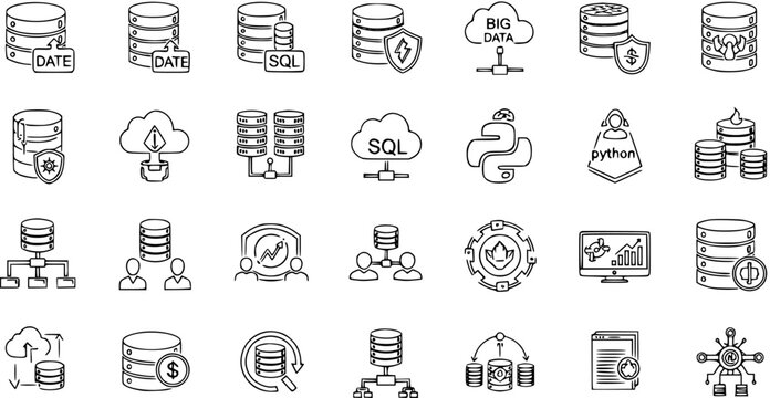 Database, Big Data, Cloud Computing, SQL, and Python Programming Line Icons Set for Data Management, Security, Analytics, and Technology Concepts