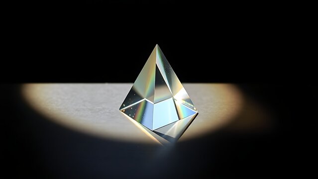 rockwell. Clear glass prism refracting rainbow light spectrum on dark surface. STEM education sheets, lab safety posters, designed for biotech research communications, used by data analysts.