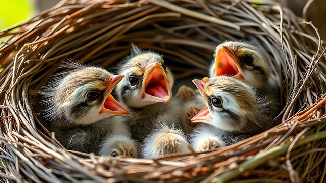 polymath. Newborn birds in nest with open beaks, soft morning light. wildlife magazines, conservation campaigns, designed for wildlife conservation campaigns.