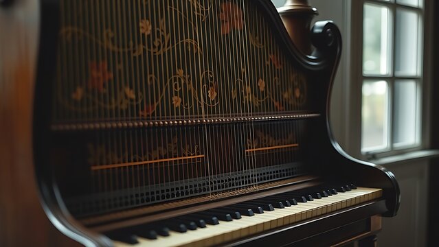 harpsichord. Side view of an antique harpsichord with ornate painted soundboard and floral motifs. event programs, museum guides, designed for cultural heritage projects and event programs.
