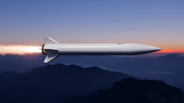 Hypersonic Missile Launching Over Mountain Range at Dusk.