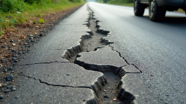 A severely fractured asphalt roadway showing significant deterioration and cracking, requiring urgent repair for safe vehicle passage