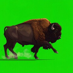 A digitally illustrated bison in motion on a green background