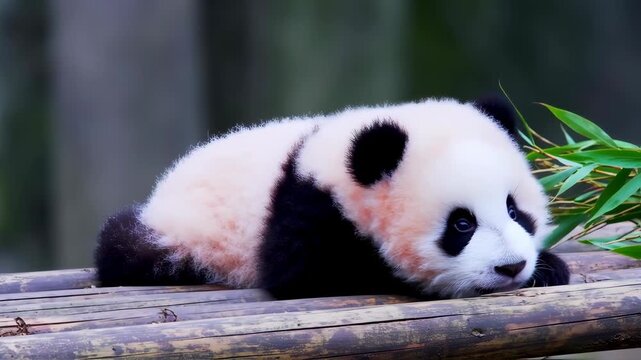 baby panda eating bamboo
