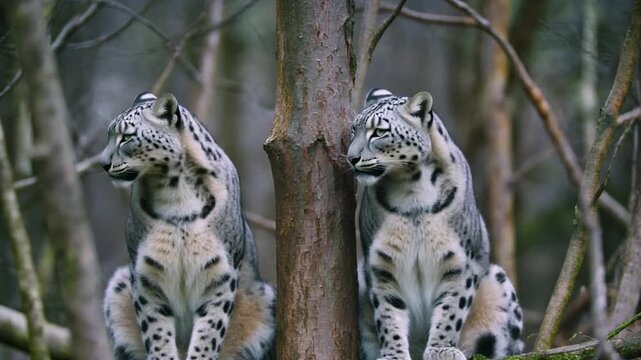 Two snow leopards resting in a forest