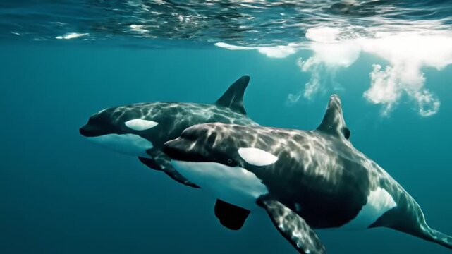 Orca whales swimming underwater in blue ocean water