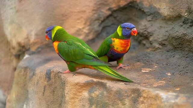 Colorful parrots perched on a stone surface