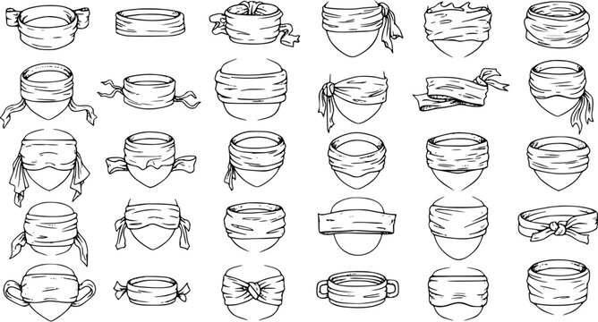 Hand-drawn set of fabric wraps, headbands, bandanas, and blindfolds. Collection of various ninja, pirate, and traditional headwear styles. Sketch vector illustration.