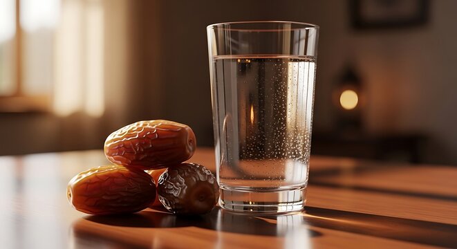 ramadan iftar fresh dates and a glass of water on a wooden table ready to break fast symbolizing tradition.