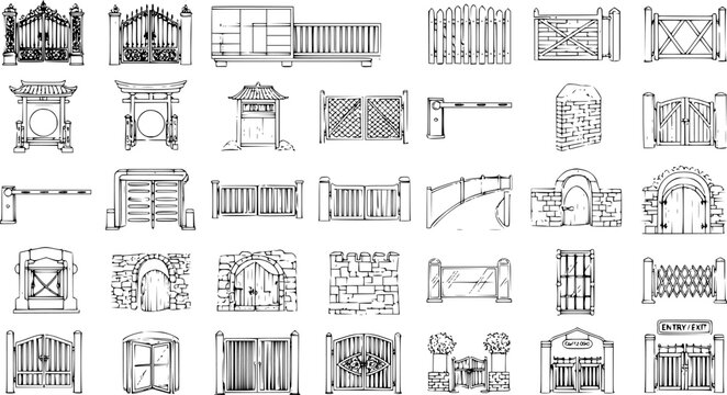Hand-drawn sketch collection of various gates and fences, including modern, traditional, Asian, and security designs for architecture and landscaping.