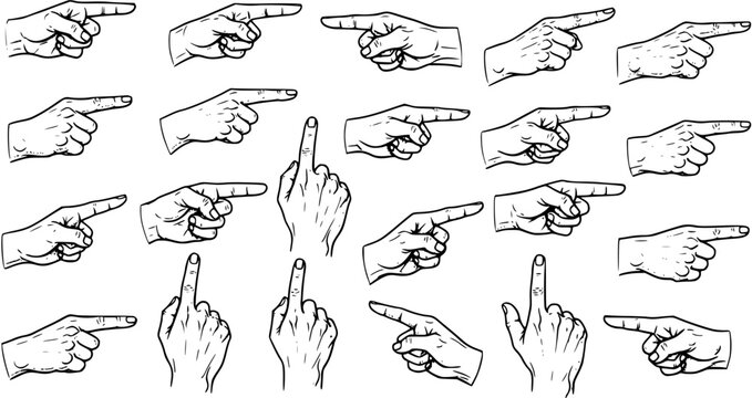 Collection of diverse hand gestures, featuring various pointing directions with index fingers and offensive middle finger signs, in black and white line art illustration style.
