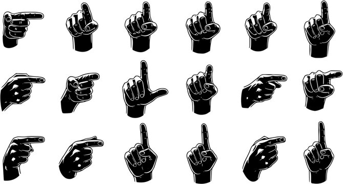Vector set of black and white graphic hand gestures: pointing left, right, up, and showing the number one. Isolated vintage style illustrations for navigation, indication, or counting designs.