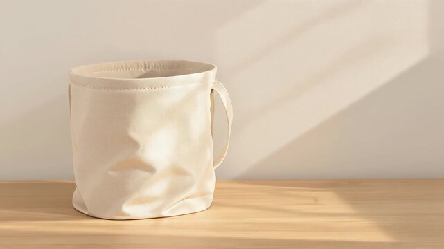 Simple Beige Fabric Pouch with Handle Casting Shadow on Beige Wall Background with Wooden Surface