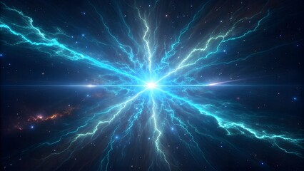Fototapeta premium Cosmic energy burst with electric blue lightning in deep space starfield background