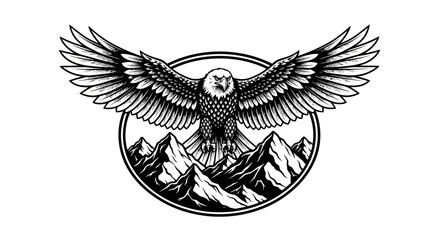 Fototapeta premium Majestic eagle soaring above rugged mountains in a powerful emblem design.