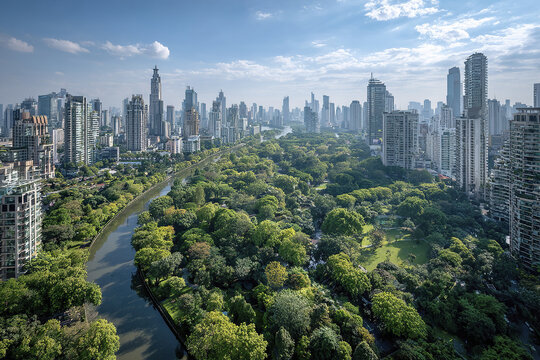 Modern city skyline with river and large green park surrounded by tall buildings under partly cloudy sky, showcasing urban nature harmony and peaceful atmosphere