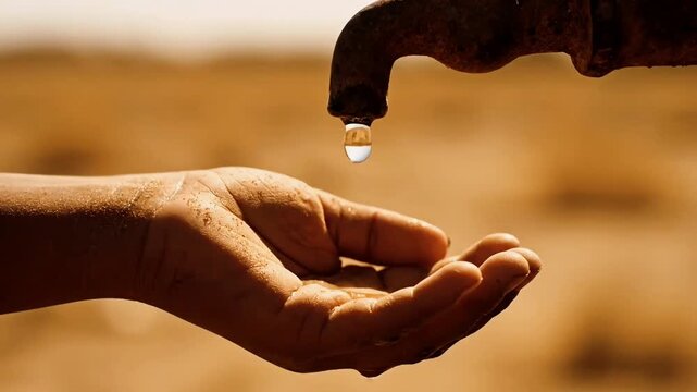 A single drop of water falls from a rusty tap into an outstretched hand in a dry, arid landscape, symbolizing scarcity.