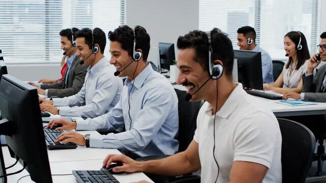 Group of happy call center smiling business operator customer support team phone services agen working and talking with headset on desktop computer at call center video