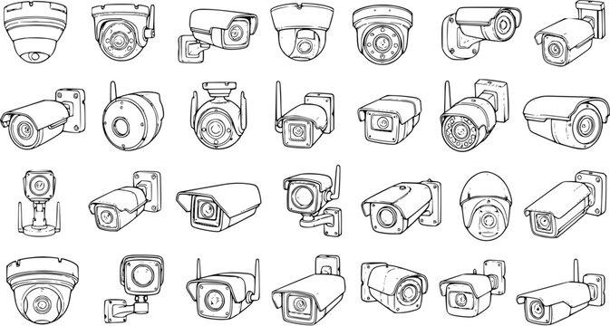 Collection of various security cameras in line art style. A detailed set of doodle icons showing different types of CCTV surveillance systems: dome, bullet, box, and PTZ cameras.