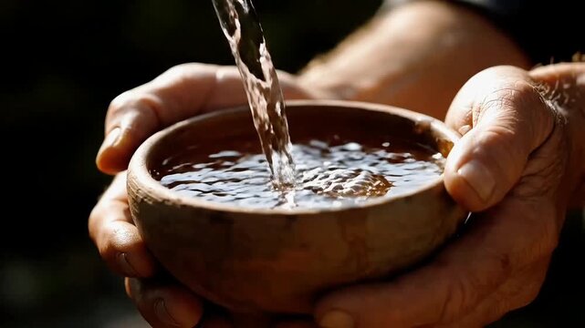 Close-up of hands holding a rustic bowl as fresh water is poured into it, symbolizing purity and life.