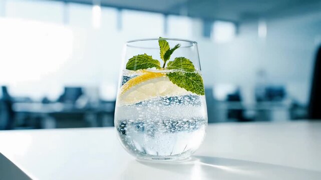 A refreshing glass of sparkling water with lemon and mint on a white table in a bright office setting.