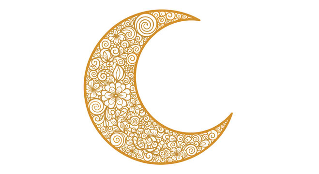 An intricate golden crescent moon silhouette with a complex floral mandala pattern isolated on a white background.