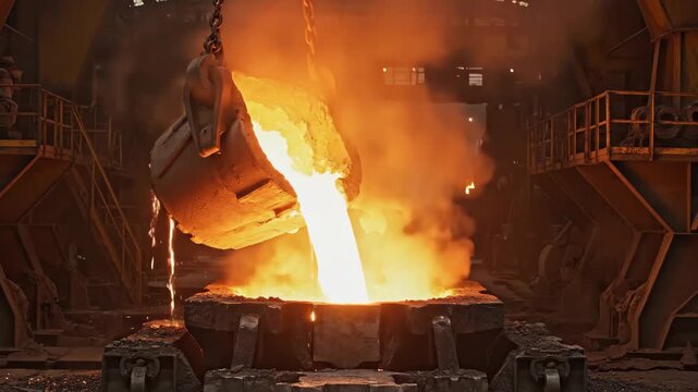 Liquid iron molten metal pouring in container, industrial metallurgical factory, foundry cast, heavy industry background. video