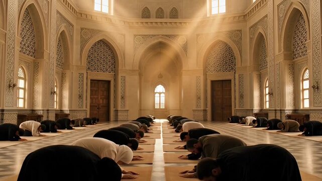 Muslims Praying in a Mosque with Beautiful Light Rays.