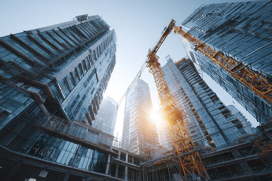 Modern office towers under construction with crane and scaffolding in bright daylight, showcasing urban development and architectural progress in city skyline