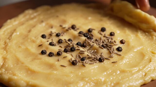 Close Up of a Chef's Hands Sprinkling Cumin Seeds and Peppercorns onto a Smooth Yellow Food Base on a Wooden Board in Soft Natural Lighting