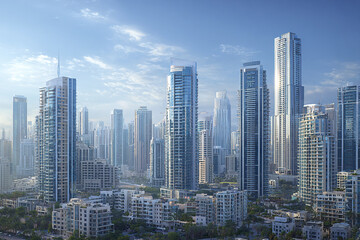 Fototapeta premium Modern urban skyline panorama with skyscraper and apartment buildings under bright blue sky with scattered clouds, showcasing bustling cityscape with contemporary architecture and greenery