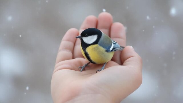 Close up shot of a yellow bird sitting on a hand