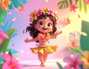 Fototapeta premium Cute 3D cartoon hula girl dancing with colorful flower lei garlands celebrating lei day, tropical paradise with pink and yellow flowers