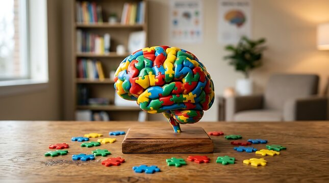 Colorful Puzzle Brain Model on Wooden Base with Scattered Pieces Representing Mental Health and Cognitive Learning Concepts