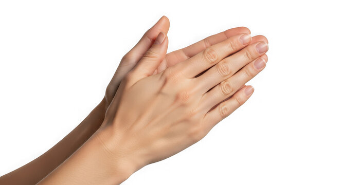 Close-up of a human hand clapping, showing fingers and palm, isolated on transparent background