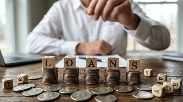 LOANS spelled with blocks on coin stacks, representing financial debt, credit, and borrowing concepts