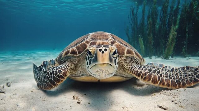 Sea turtle swimming underwater in tropical ocean habitat