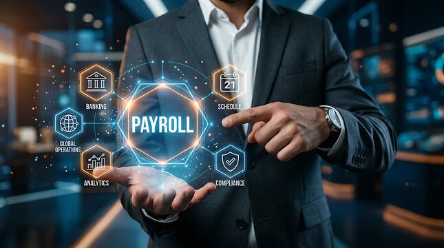 Businessman presenting payroll management system with banking, compliance, analytics, and global operations icons in modern office