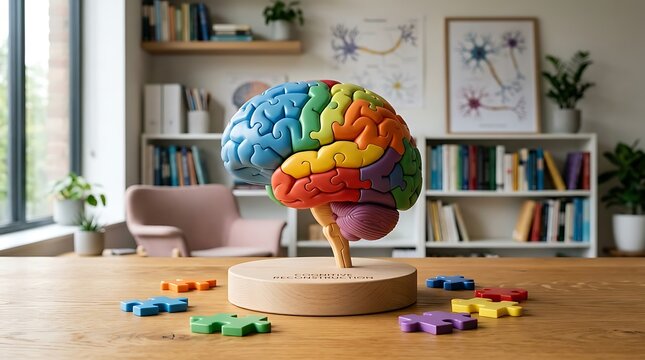 Colorful Puzzle Brain Model on Wooden Base Representing Cognitive Reconstruction and Mental Health Concepts in Study Room