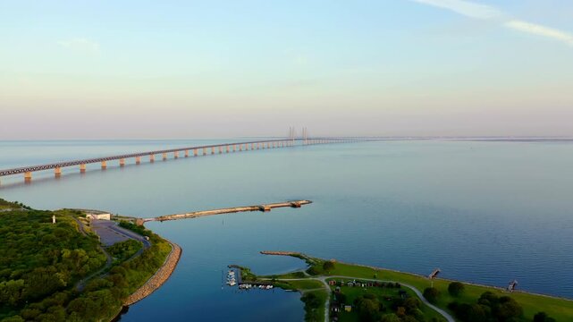 Oresund bridge. A long tunnel bridge with an artificial island between Sweden and Denmark.. Drone footage, Point of interest