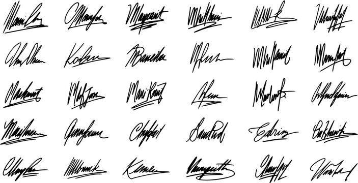 Black and White Line Art Vector Collection of Various Handwritten Signatures and Personalized Autographs, Ideal for Business, Legal, Finance, and Identity Themes.